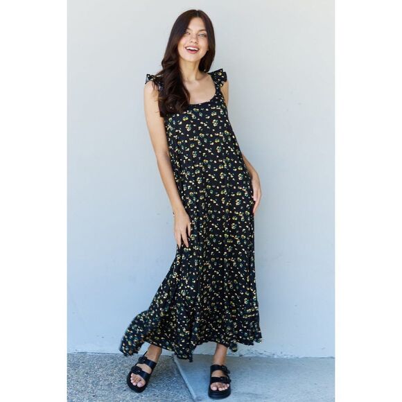 Doublju In The Garden Ruffle Floral Maxi Dress In Black Yellow Floral - Picture 3 of 5